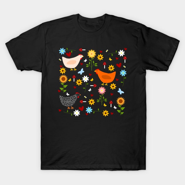 Chickens in the Garden with Sunflowers, Daisies, Dahlias, Hearts, and Mushrooms T-Shirt by DandelionDays